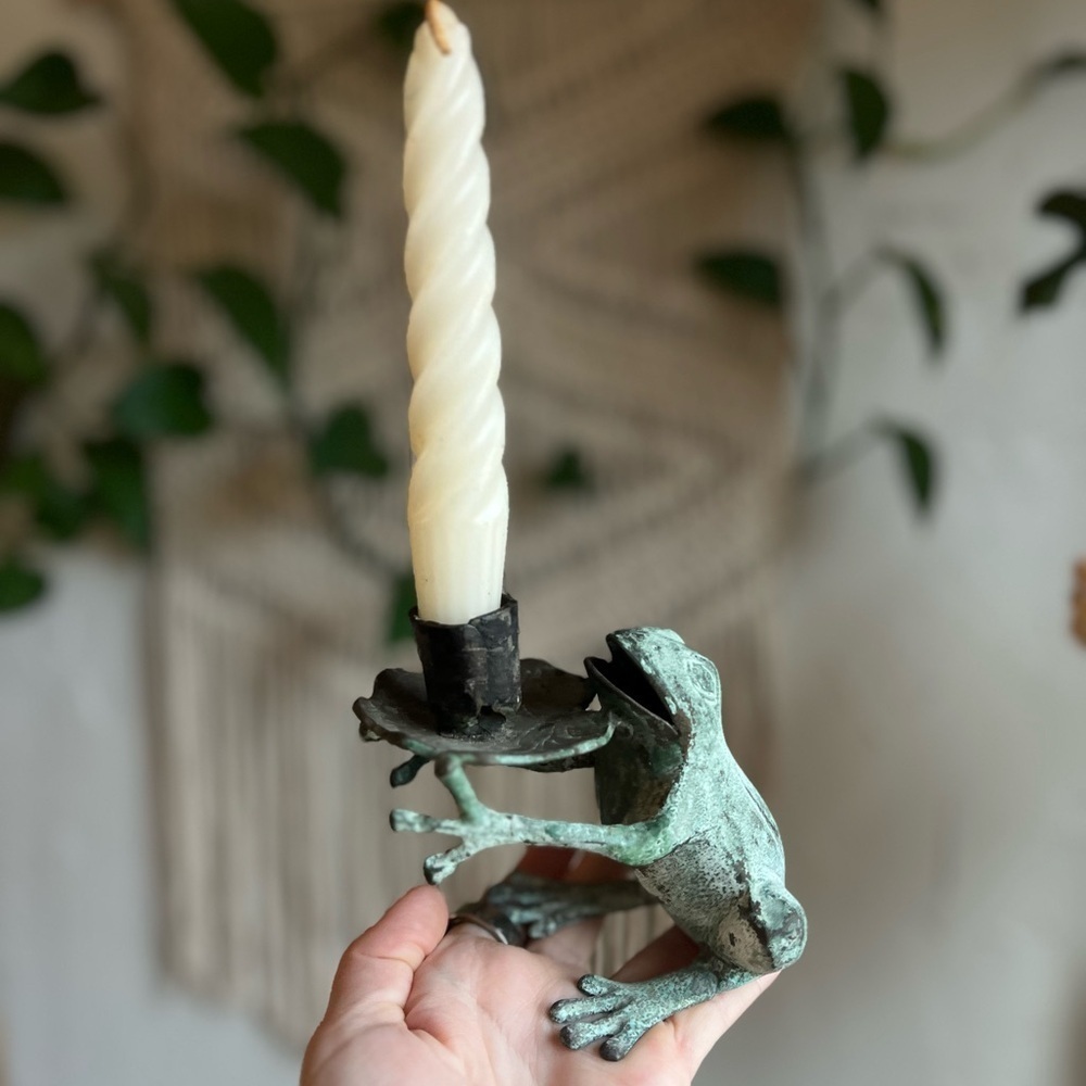 Vintage Cast Metal Frog Candle Holder – Verdigris Whimsical Cottagecore Decor